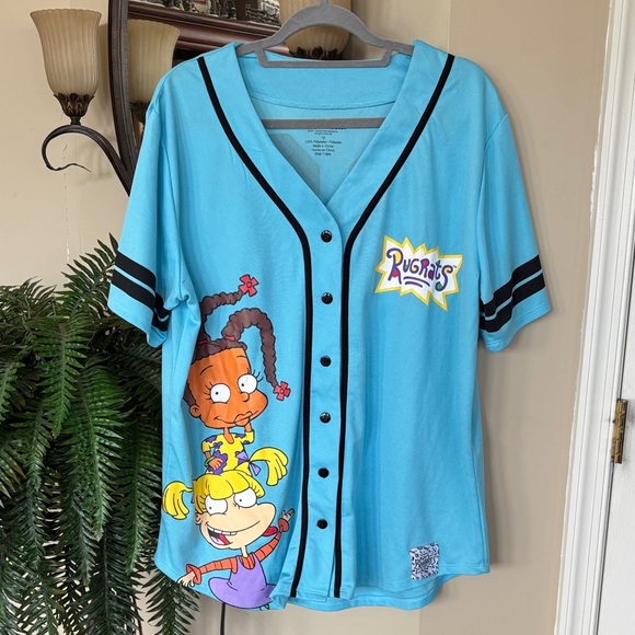 Nickelodeon Rugrats Blue Button Down Short Sleeve Baseball Jersey 90s Y2K Top - Picture 1 of 13